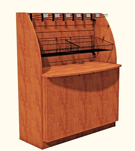 Reduced Height Micro Market Free Standing Arch Side Merchandiser With Cabinet And Counter Fixture Drawing FSLSCB